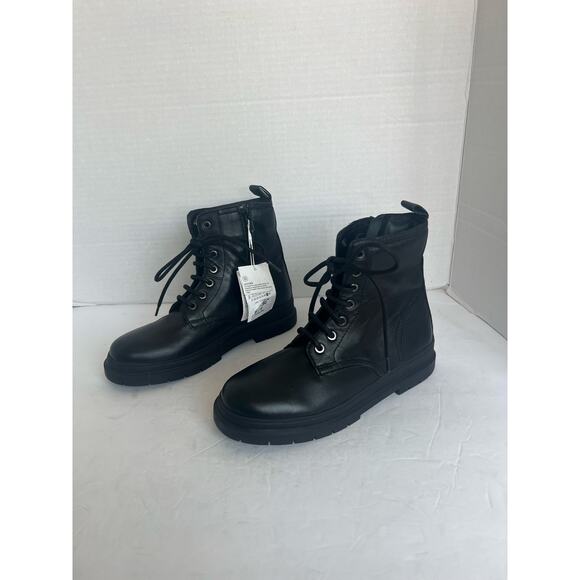 NWT Zara Black Leather Derby Chunky Lug Soles Lace Up Zip Ankle Combat Boots 6 - Picture 1 of 11